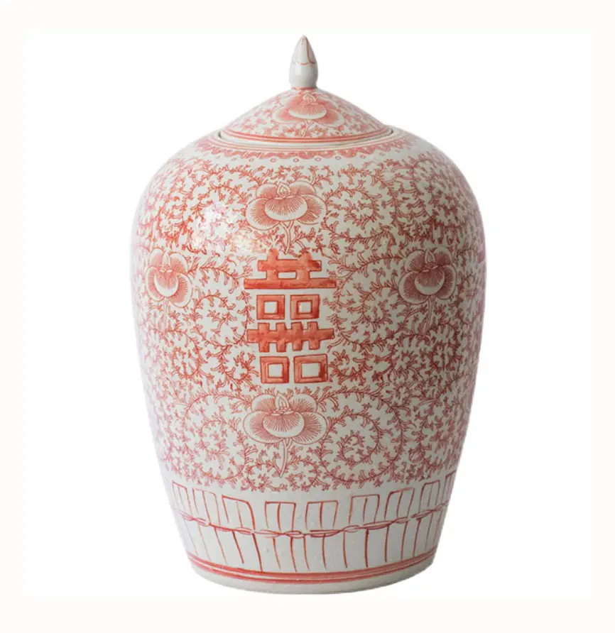 Qing-Dynastie VaseAntike rote Farbe handbemalte Doppelte Glücklichkeit Keramik chinesische Ingwer-Gläser Heimdekoration Keramik Ingwer-Gläser