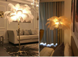 Ostrich <strong>Feather</strong> LED Modern Hotel Floor Lamp with Copper Finish and Golden <strong>White</strong> <strong>Feather</strong> <strong>Lampshade</strong> - Product Image 2