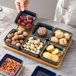Juego de platos de cerámica con bandeja de madera, plato cuadrado para servir bocadillos, condimentos, frutas secas, para uso doméstico. - Product Image 3