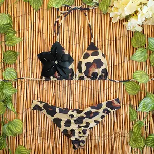 Muslimate 2024 fabbricazione fornitore tre punti stampa leopardo mini bikini pieghettato vita bassa due pezzi costume da bagno donna