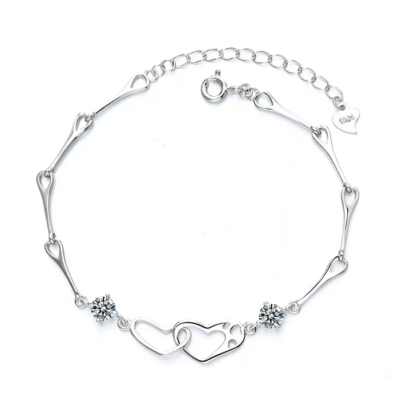 S925 sterling silver double love hearts with zirconia fashion temperament bracelet