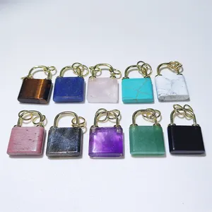 Wholesale High Quality Carved Lock Shape Natural Stone Crystal Pendant Howlite Tiger Eye Gold Plated Bag Charm Jewelry Supplies