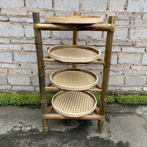 Bamboo Vegetable Rack 4 Tier Round Shelf Asian Style Rustic Design For Hot Pot Serving - Product Image 1