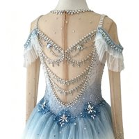 Robe de patinage artistique pour enfants, dégradé blanc et bleu, avec chaîne en maille, dos ouvert, strass faits à la main, en tulle court, pour spectacle sur scène