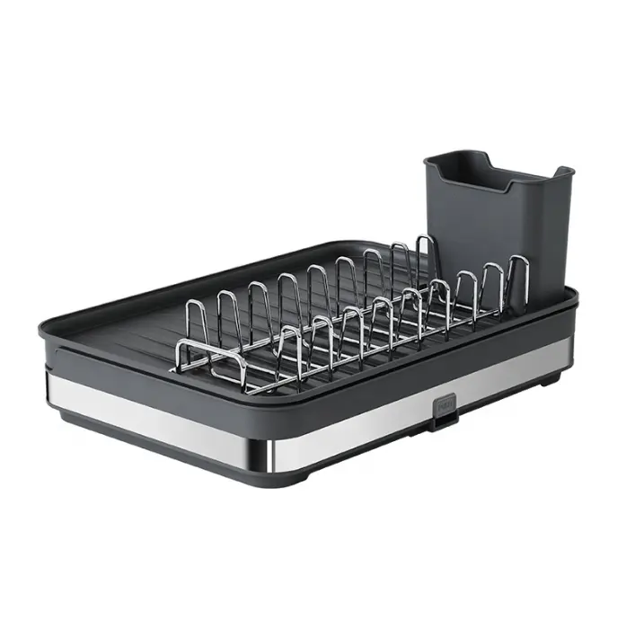 Stainless-Steel Extendable Dual Part Dish Rack Non-Scratch and Movable Cutlery Drainer and Drainage Spout
