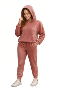 Tuta da donna in pile con cappuccio, maniche lunghe, tinta unita, vestibilità comoda, con tasche laterali e pantaloni con coulisse, per l'autunno - Product Image 1