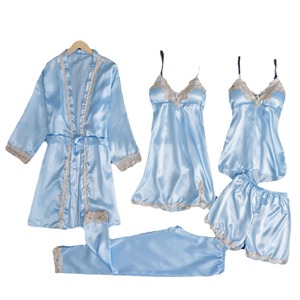 Nouveaux pyjamas pour le commerce électronique transfrontalier avec soutien-gorge rembourré, camisole sexy en soie, ensemble cinq pièces en dentelle dorée, vêtements de détente fins. - Product Image 5