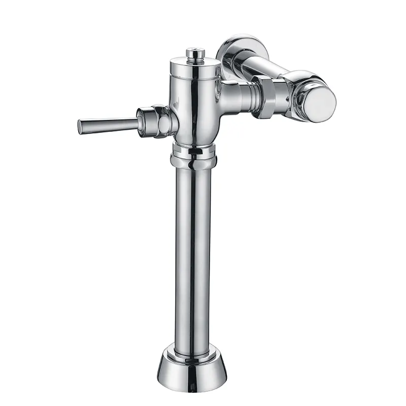 Soft press time delay toilet flush valve with elbow