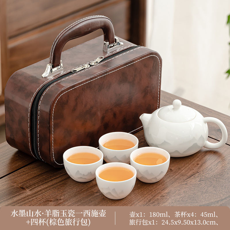 Moet tinta de jade paisaje-xishi olla 4 tazas-bolsa pequeña marrón