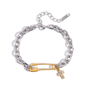 Pulsera de Acero Inoxidable con Bloques de Color, Pin de Seguridad Dorado y Dije de Cruz para Mujer, Joyería de Moda, Regalo - Product Image 1