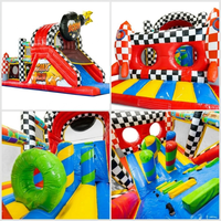 Château Gonflable Thème Bande Dessinée Rouge et Noir à Carreaux avec Toboggan et Parcours d'Obstacles pour Enfants, Idéal pour Événements Extérieurs et Fêtes de Carnaval