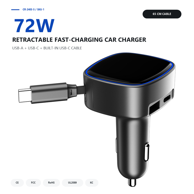 72W Max Retractable Car Charger 30W USB C PD PPS 18W USB a QC3.0 with Built-in 65cm Type C or Lightning Cable