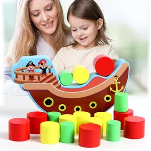 Yüksek kaliteli öğrenme eğitici ahşap oyuncaklar karikatür korsan gemisi dengeleme yığını silindir bebek çocuk boy kız eğlenceli oyun