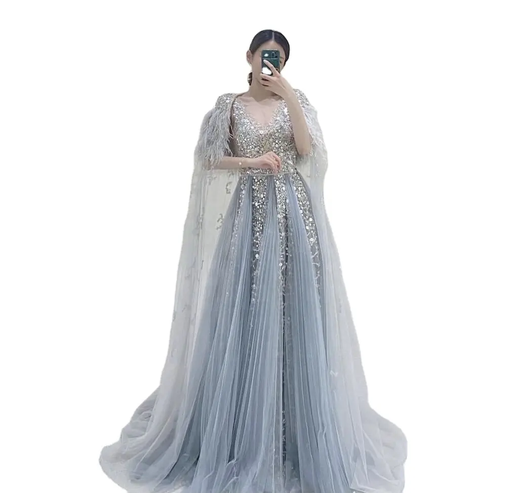 A-Line Evening Dresses with Feathers Shawl Women Shiny Beaded Prom Dress robe de soiree