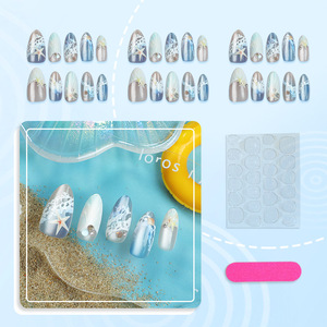 30 <span class=keywords><strong>Uñas</strong></span> Postizas Nuevas con Diseño de Ojo de Gato Azul, Estilo Playa Brillante, Pintadas con Forma de Almendra, Ondas, Estrellas, Conchas y Diamantes 3D - Product Image 1