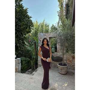 Brown <b>One</b>-Sleeve Ball Gown Evening <b>Dress</b> Formal & Party Style with High Collar & Floral Decoration <b>Sizes</b> XS & XL - Product Image 5