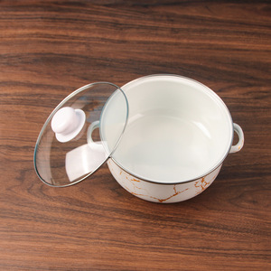 Juego de utensilios de cocina de cinco piezas de esmalte y laca engrosados - Olla para guisos con tapa de vidrio de <span class=keywords><strong>doble</strong></span> <span class=keywords><strong>bisagra</strong></span> y patrón de mármol, y tazón para sopa con tapa - Product Image 4