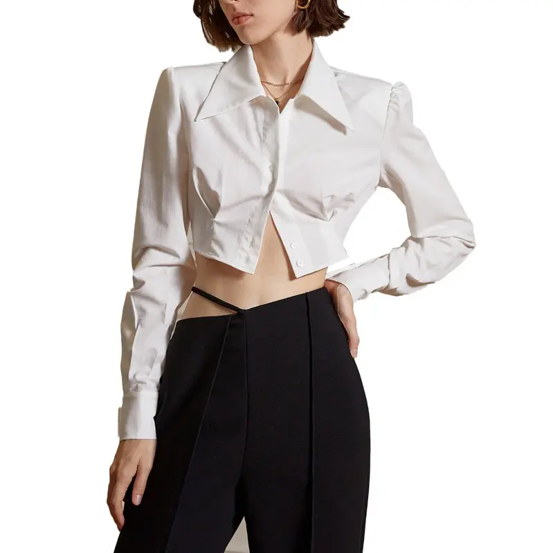 custom long sleeve casual ladies girl blouse white crop top irregular shirt women