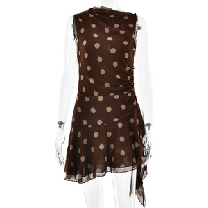 Vestido Mini con Cuello Redondo y Estampado de Puntos, Cintura Ajustada, Poliéster, Informal, para Uso Diario, Vestido de Moda para Mujer FDL1254 - Product Image 5