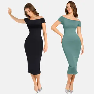 Wholesale Women Black Seamless Body Shapewear Midi Bodycon Dress For Ladies Sexy Built-in Shapewear Maxi Dress