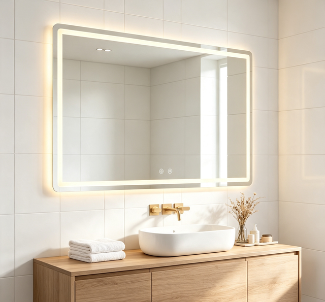 Smart Modern Rectangle Wall-Mounted Mirror Anti-Fog Touch Control Illuminated Warm Backlit White-Framed Bathroom Vanity Mirror