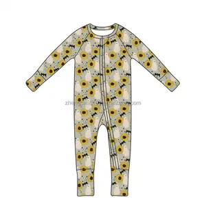 Örme çocuk bambu tulum ayçiçeği yarasa hayalet baskı uzun kollu bebek takım elbise Bodysuit bebek Zip Up Romper