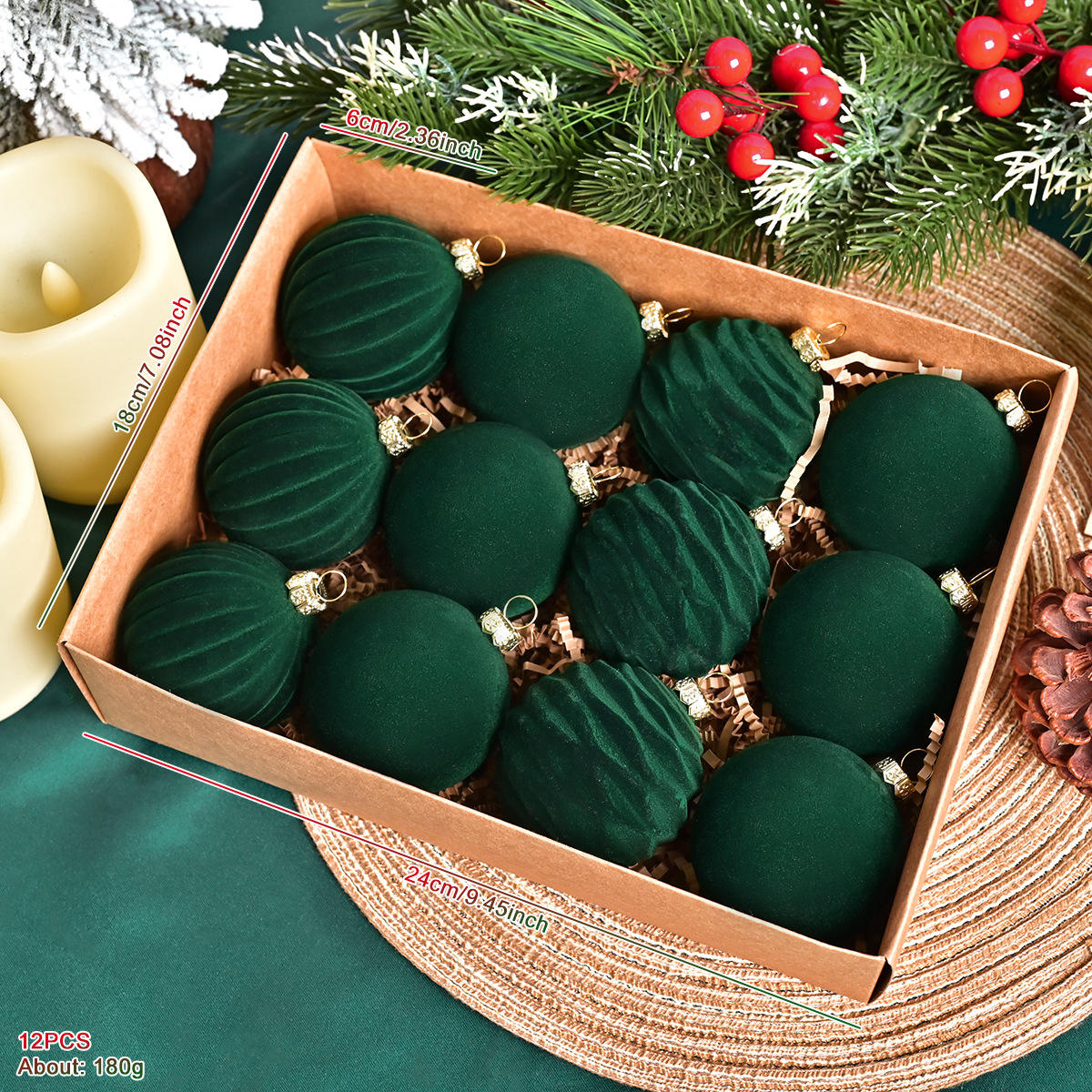 6-12 pieces of beach pumpkin flocked balls - dark green