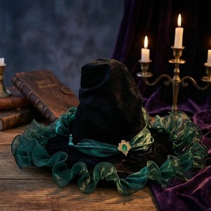Sombrero de Bruja Luling Yaoyao, Verde Oscuro, Terciopelo, Talla Única, Decorado con Esmeraldas, Accesorio de Disfraz de Halloween, Sombrero de Fiesta - Product Image 1