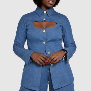 Buttons Turn <b>Down</b> Collar Casual Denims Solid Color Eco-Friendly Breathable Wide Straight <b>Pants</b> Two Piece Set Women Fashion - Product Image 2