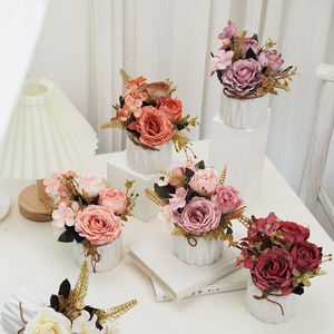 Fall Tone Mauve Artificial Rose Potted Plant With Bow <b>Ceramic</b> <b>Pot</b> Geometric Decor Ornament For Home Table Display - Product Image 1