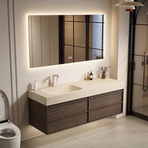 Mid ancient style rock slab hot bending integrated basin intelligent lighting mirror walnut <b>wall</b> <b>mounted</b> bathroom <b>cabinet</b> - Product Image 1