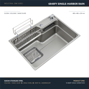 Évier de cuisine monobac 680x480mm en acier inoxydable 304 Nano Argent, avec robinets de pluie séparés et extractibles - Product Image 1