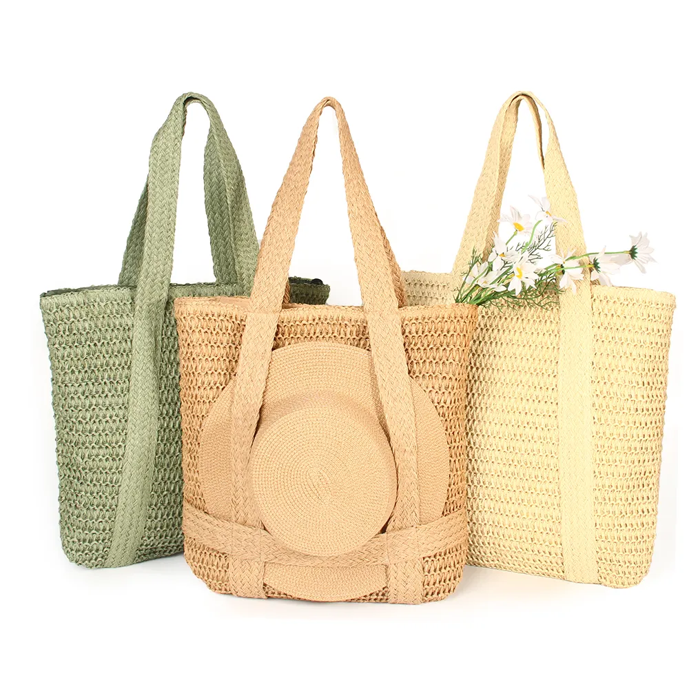 Bolsas de mano tejidas de paja de diseño de lujo, bolsos de mano informales de verano de gran capacidad, bolso de paja y sombrero