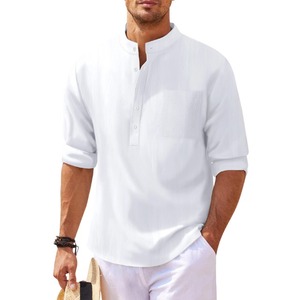 Nuova <span class=keywords><strong>Camicia</strong></span> da <span class=keywords><strong>Uomo</strong></span> in Cotone e <span class=keywords><strong>Lino</strong></span>, Tinta Unita, Casual, con Colletto Rialzato e Maniche Lunghe - Product Image 3