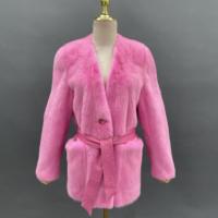Ceinture en cuir rose mignon grande poche manteau Long de luxe en fourrure de vison véritable