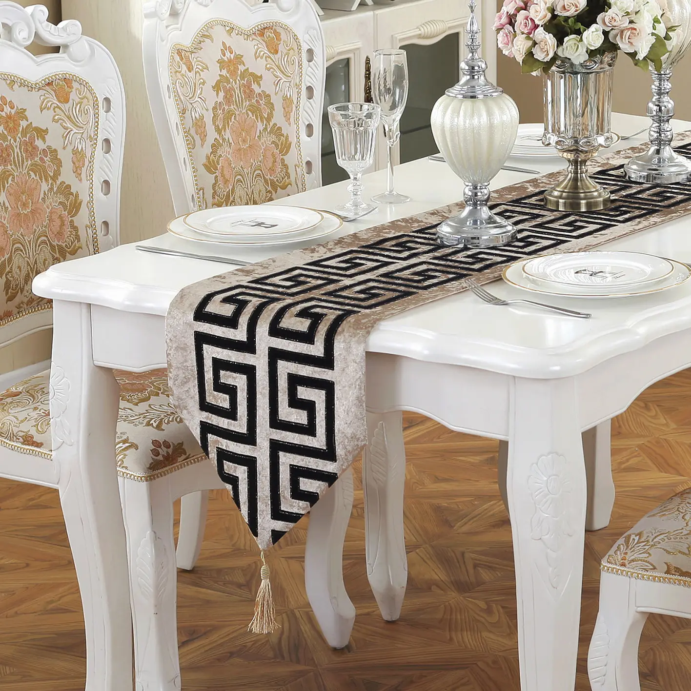 Chemin de Table décoratif en velours de Style chinois, chemin de Table de luxe en velours, chemin de Table géométrique, vente en gros