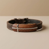 Collection de bijoux pour hommes en acier inoxydable avec incrustation de bois naturel, anti-ternissement : Collier croix, médailles d'identification, bague et bracelet en cuir