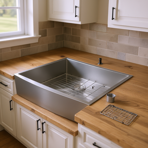 Fregadero de cocina de acero inoxidable estilo rústico con delantal frontal, un solo tazón, 36x20, superficie cepillada para diseño de cocina - Product Image 2