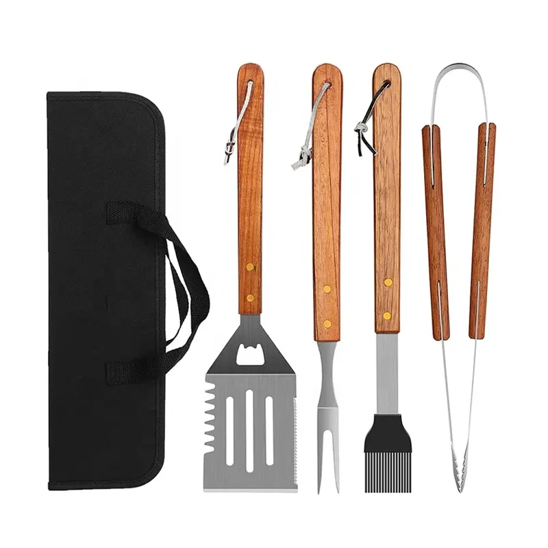 DAPHYLA Complete Barbecue 4 PCS Stainless Steel BBQ Accessories Grilling Tools Wooded Handle Set With Tongs Spatula And Fork