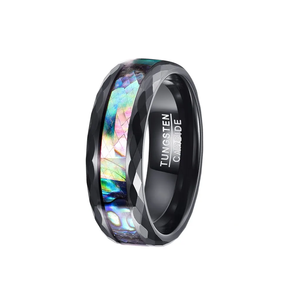 Nieuwe 8Mm Luxe Zwart Gepolijst Gefacetteerd Twee Rand + Middelste Wolfraam Stalen Ring Met Abalone Shell Voor Mannen Vingerringen