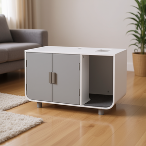 Meuble pour litière de chat, gris, plastique, design moderne, maisonnette intérieure pour animaux avec tapis amovible pour chats - Product Image 2