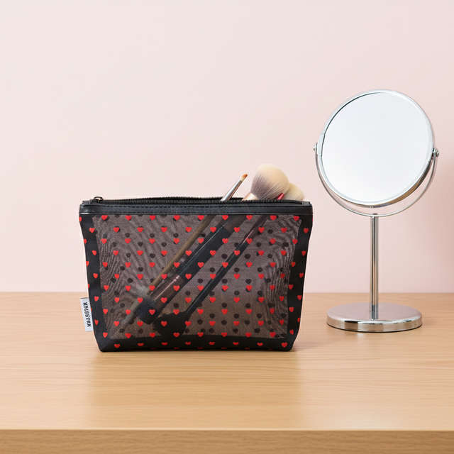 Cute Heart Printed Fashion Mesh Makeup Bag Set Portable Travel Cosmetic Purses with Zipper Storage