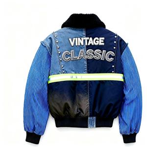 Chaqueta Bomber Personalizada para Hombre, Manga Larga a Cuadros, Cuero/Algodón, Estilo Urbano, Parches Reflectantes, Cuello de Forro Polar Cálido para Invierno - Product Image 1