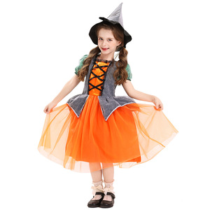 Robe de sorcière classique à motif citrouille, jupe en maille orange, costume d'Halloween, tenue de spectacle pour filles - Product Image 4