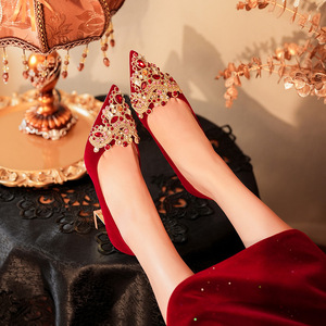 <b>Red</b> Wedding Shoes Women Heeled Sandals Chunky <b>Heel</b> Pointed Toe Rhinestone Decorated Elegant Slip-On Comfort Mid <b>Heel</b> 6555H-007 - Product Image 4