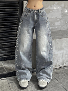 Jeans à jambes larges et droites pour femmes, ornés de diamants, pantalons de style streetwear pour femmes, vente en gros à bas prix - Product Image 2