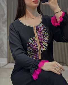 Premium doux Jersey broderie col rond à volants manchette caftan Abaya femmes vêtements quotidiens - Product Image 2