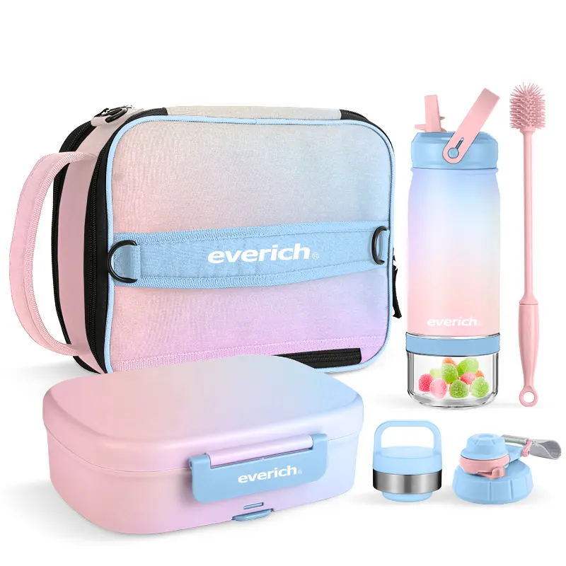 Gradient Color Leakproof Kids Water Bottle with Storage Bento Lunch box Set With Insulated Lunch Bag Food Container