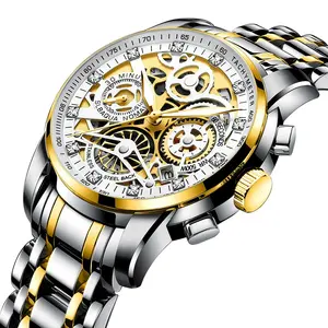 New Arrival Skeleton Face Chrono Working Subdial Japan Original Quartz Watch Gold Time Two Tone Watch Men