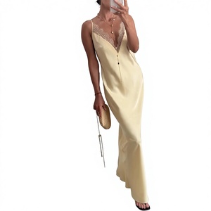 Vestido Largo de Satén Amarillo <span class=keywords><strong>para</strong></span> Mujer 2026, Cuello en V, Adorno de Encaje, Tirantes Finos, Espalda Descubierta, Elegante Vestido de Fiesta - Product Image 4